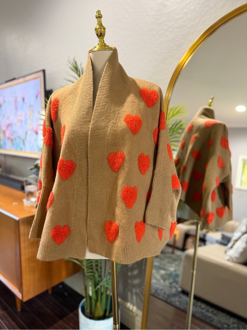 Anthropologie Heart Boucle Cardigan OS Tan Orange Kimono Cozy